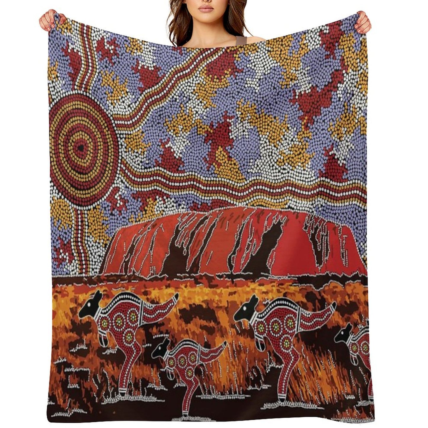Authentic Aboriginal Art - Uluru  Ayers Rock Throw Blanket