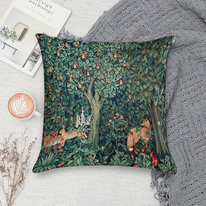 GREENERY, FOREST ANIMALS Fox And Hares Blue Green Floral Tapestry Soft Shrink-Resistant Throw Pillow
