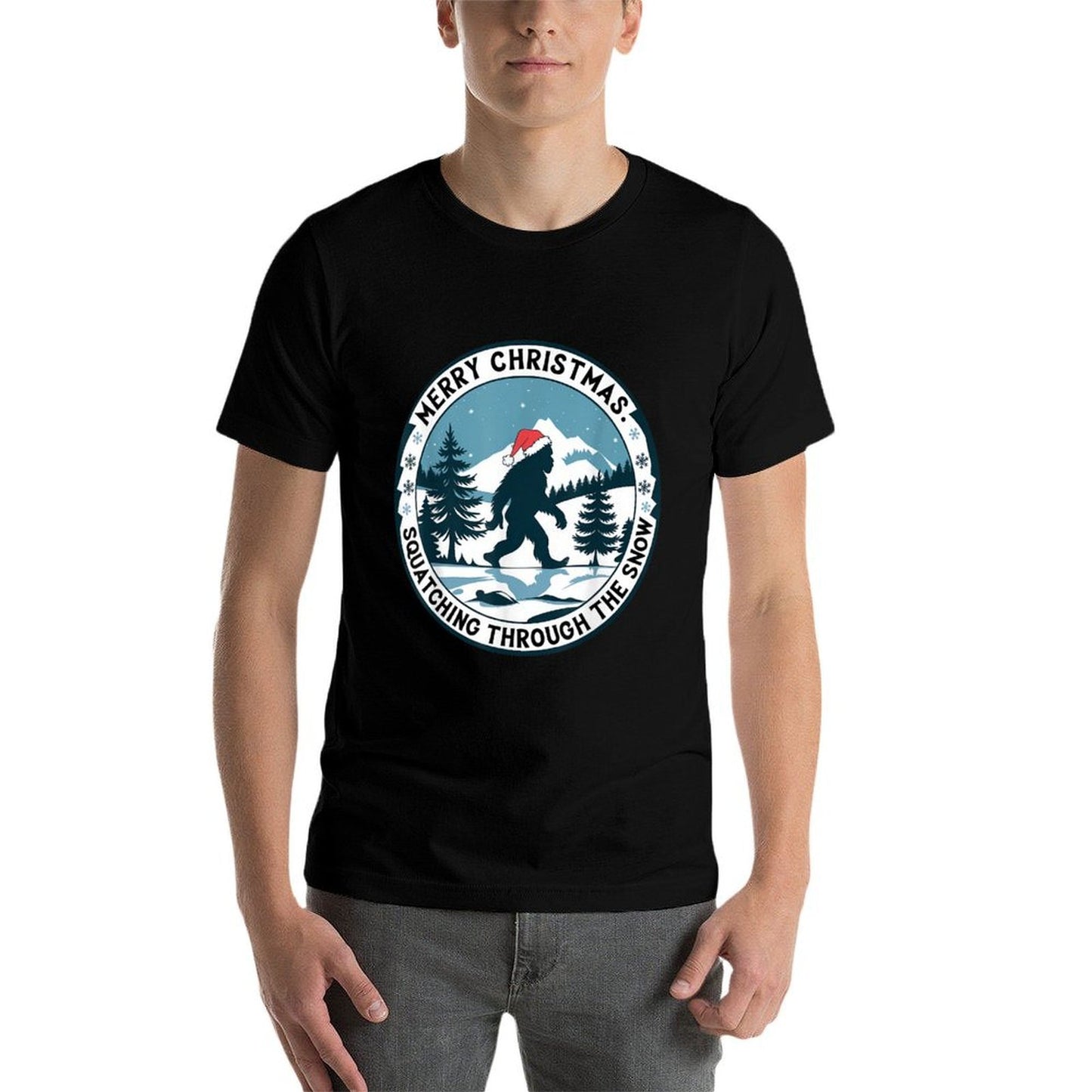 Merry Christmas Bigfoot Squatching Through The Snow Xmas  Rolled Sleeves T-Shirt