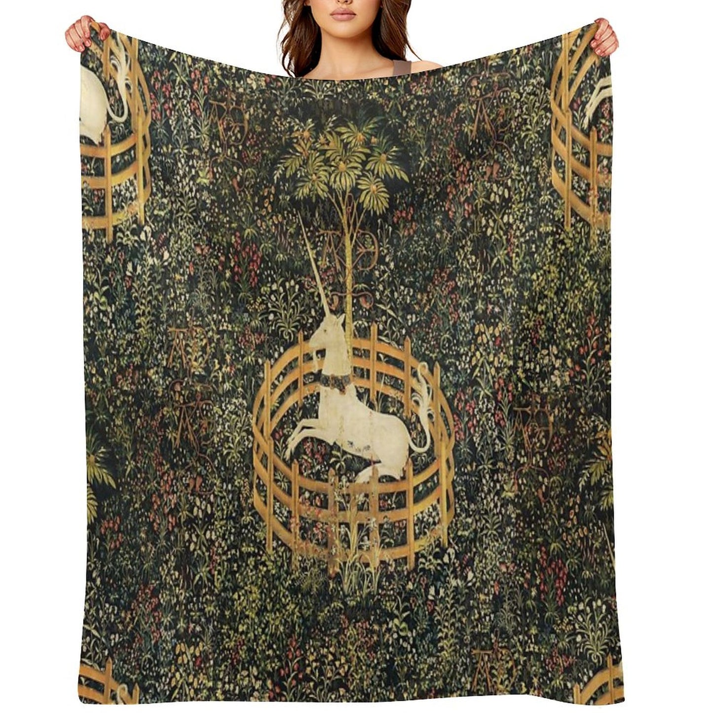 UNICORN IN CAPTIVITY AND GOTHIC FANTASY FLOWERS, GREEN FLORAL MOTIFS Throw Blanket