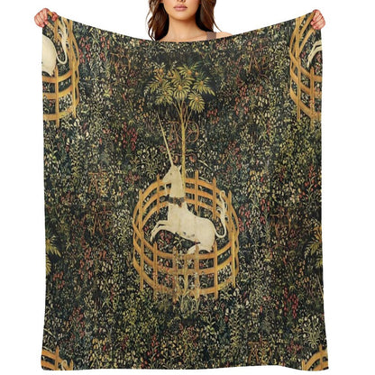 UNICORN IN CAPTIVITY AND GOTHIC FANTASY FLOWERS, GREEN FLORAL MOTIFS Throw Blanket