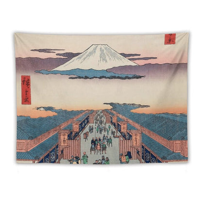 Mount Fuji Above Ancient Street Ukiyo-e Japanese Art Tapestry