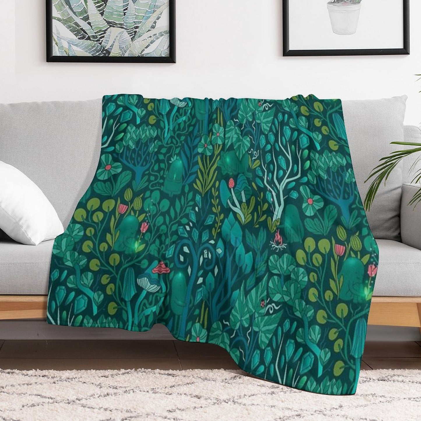 Emerald Forest Keepers. Fairy Woodland Creatures. Tree, Plants And Mushrooms Throw Blanket