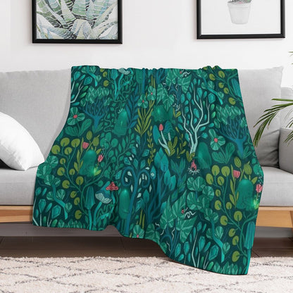 Emerald Forest Keepers. Fairy Woodland Creatures. Tree, Plants And Mushrooms Throw Blanket