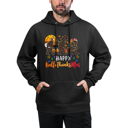 Hallothanksmas Bigfoot Halloween Thanksgiving Christmas Shrink-Resistant Hoodie