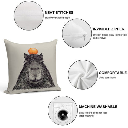 Capybara  Orange  Capy Yuzu  Capybara with Orange on Head  His Name - Gort  Portrait Soft Fade-Resistant Throw Pillow