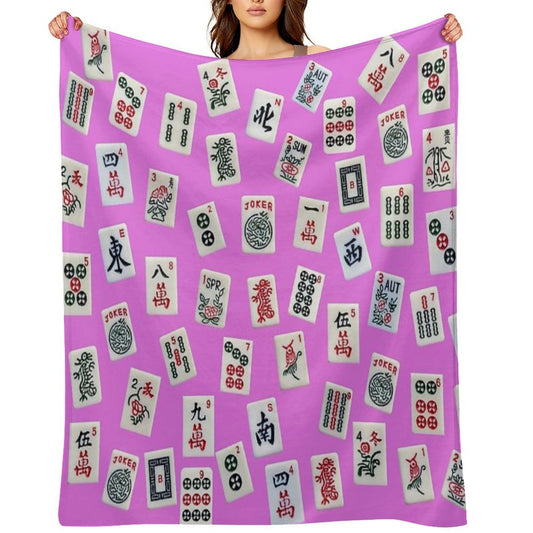 Mahjongg Game Tiles Design on Pink Color Throw Blanket