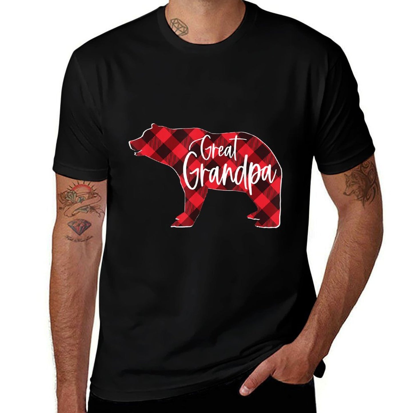 Mens Red Buffalo Plaid Great Grandpa Bear Matching Family Xmas  Fade-proof Color T-Shirt