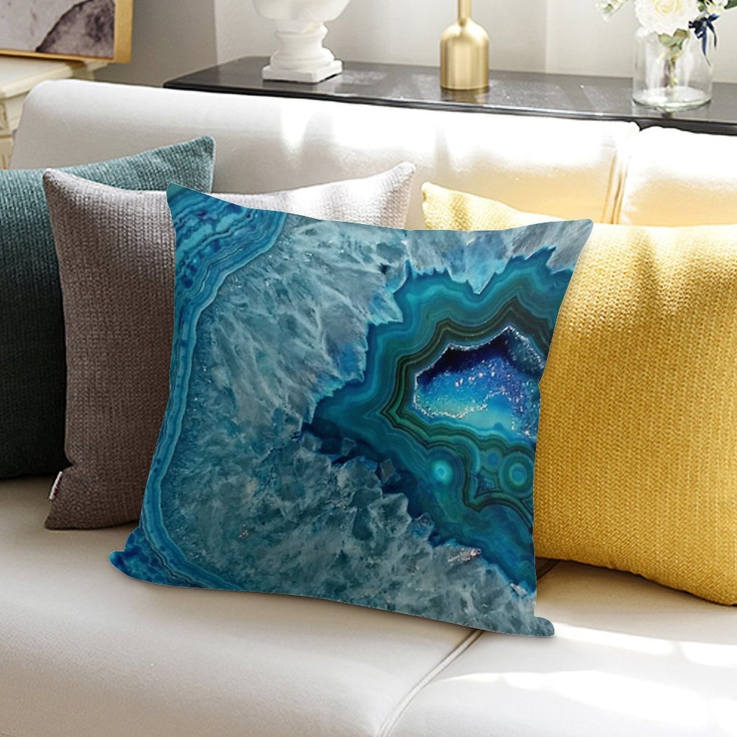 Teal Aqua Turquoise Blue Rock Agate Mineral Crystals Pattern Soft Anti-Pilling Throw Pillow