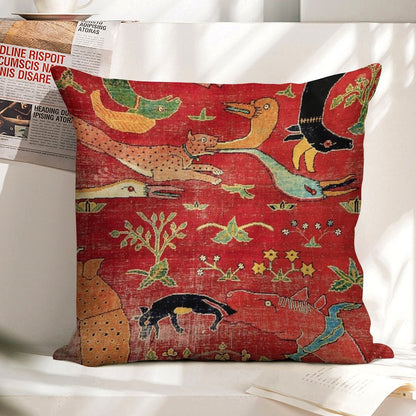 Animal Grotesques Mughal Carpet Fragment Linen Throw Pillow Cover
