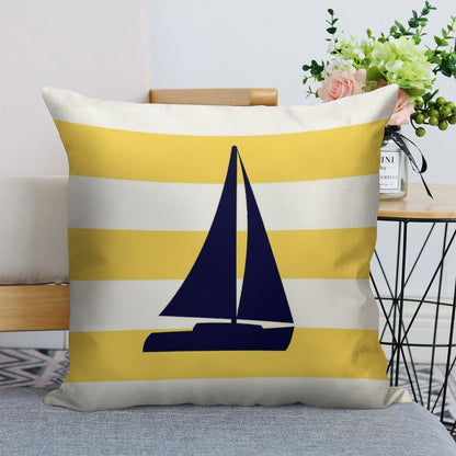 Nautical Navy Blue Sailboat On Mustard Yellow Stripes Linen Throw Pillow Cover