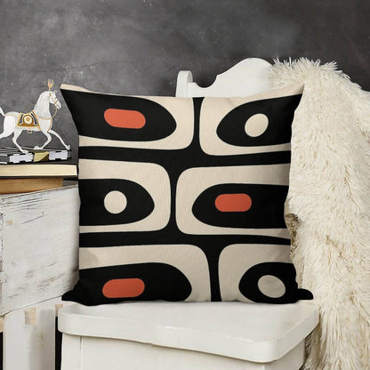 Mid Century Modern Piquet Abstract Pattern Black, Orange, And Almond Cream Linen Throw Pillow Cover