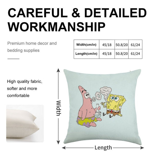 Spongebob And Patrick Smoking Weed Cannabis Cartoon Art Linen Throw Pillow Cover