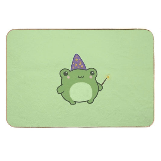 Chubby Frog Wizard Cottagecore Kawaii Toad with Magic Wand, Purple Cap, Ideal Fantasy Gift for Teens And Kids Bath Mat