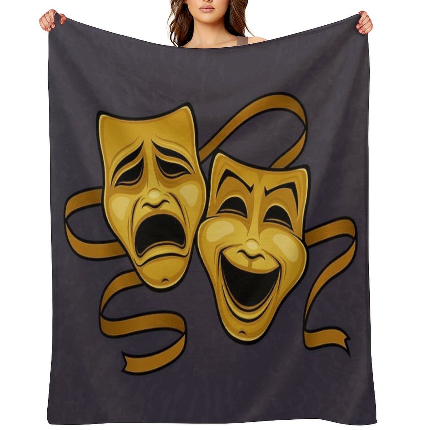 Gold Comedy And Tragedy Theater Masks Throw Blanket