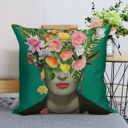 Frida Floral (Green) Linen Throw Pillow Cover