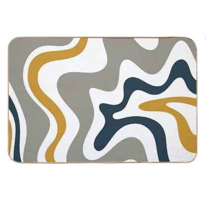 Liquid Swirl Contemporary Abstract in Mustard Yellow, Navy Blue, Grey, And White Bath Mat