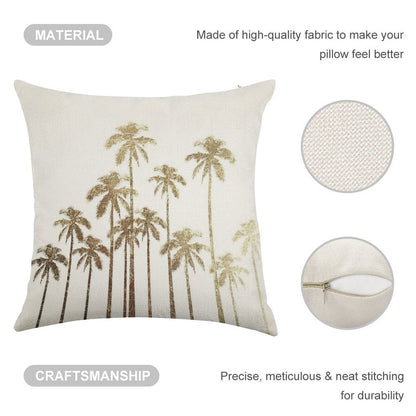 Glamorous Gold Tropical Palm Trees on White Linen Throw Pillow Cover