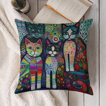 Quirky Cats Linen Throw Pillow Cover