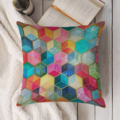 Crystal Bohemian Honeycomb Cubes - Colorful Hexagon Pattern Linen Throw Pillow Cover