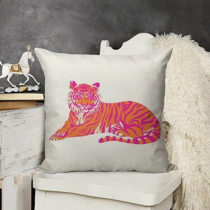 Pink And Orange Tiger Linen Throw Pillow Cover