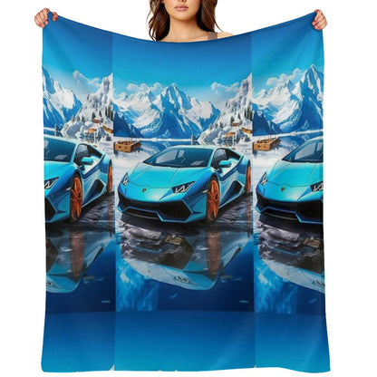 Blue Lamborghini Huracan, Icy Majesty Supercar, Sports Car On Snowy Alpine Backdrop, High Octane Wall Art Throw Blanket