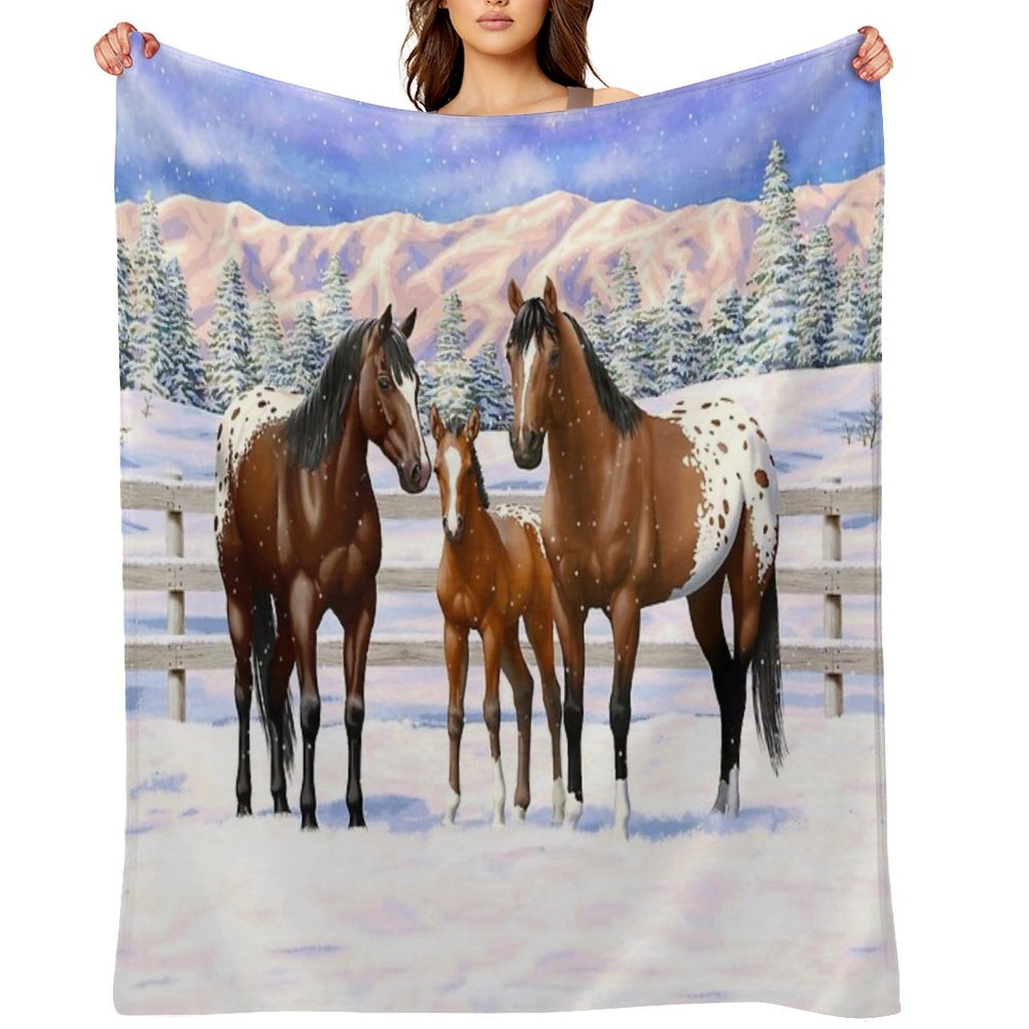 Bay Appaloosa Quarter Horses In Winter Snow Throw Blanket