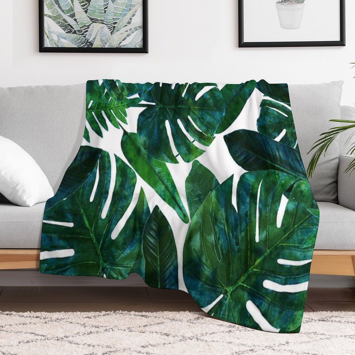 Tropical Nature Monstera Watercolor Painting, Botanical Jungle Dark Palm Illustration Throw Blanket