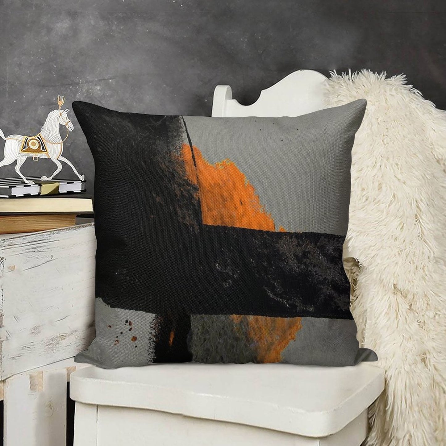Minimal Orange on Black Linen Throw Pillow Cover