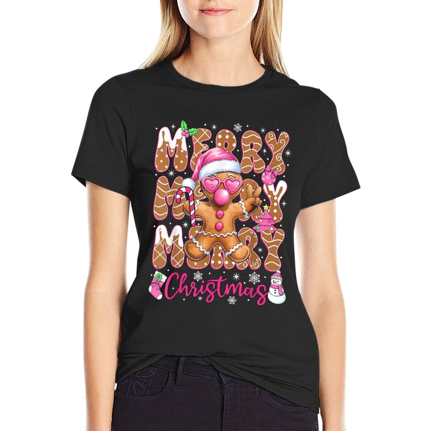 Gingerbread Merry Christmas Cute Pink Christmas Women Girls  Affordable Price T-Shirt