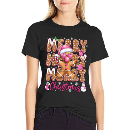 Gingerbread Merry Christmas Cute Pink Christmas Women Girls  Affordable Price T-Shirt
