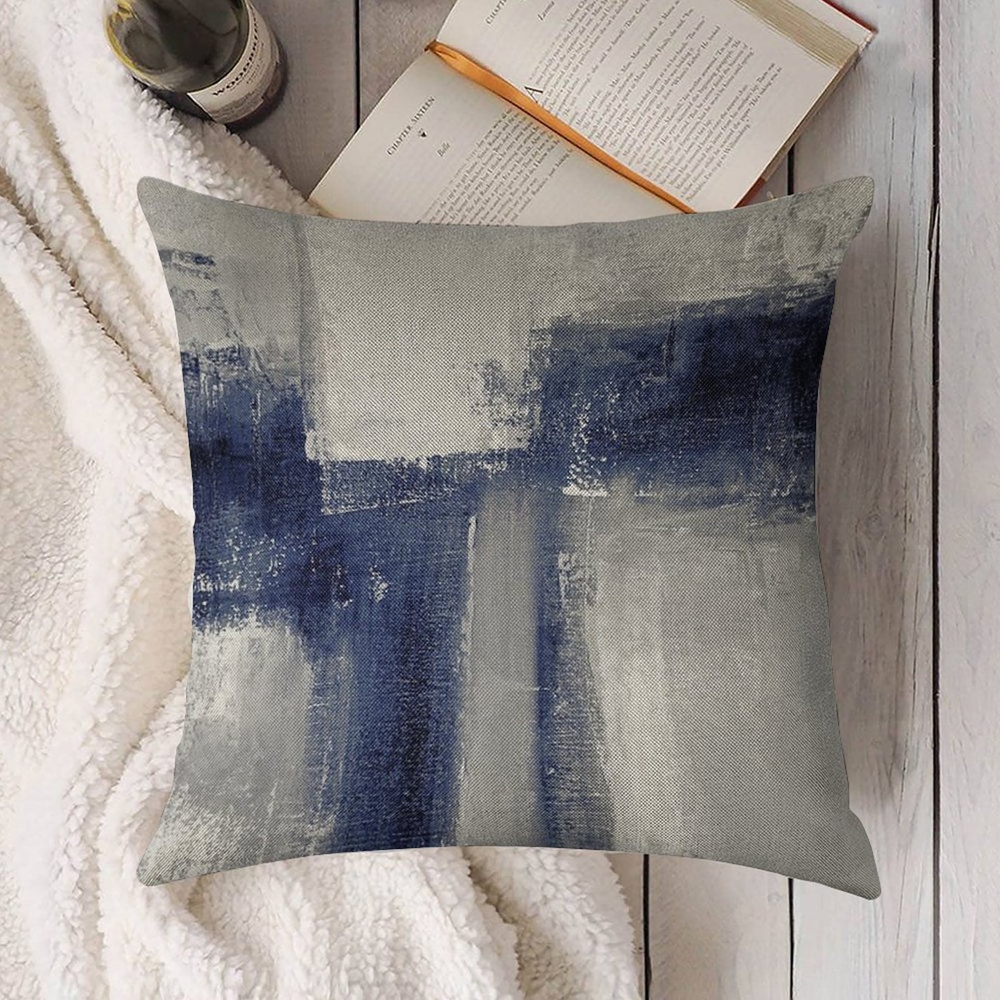 Classic Blue Abstract Linen Throw Pillow Cover