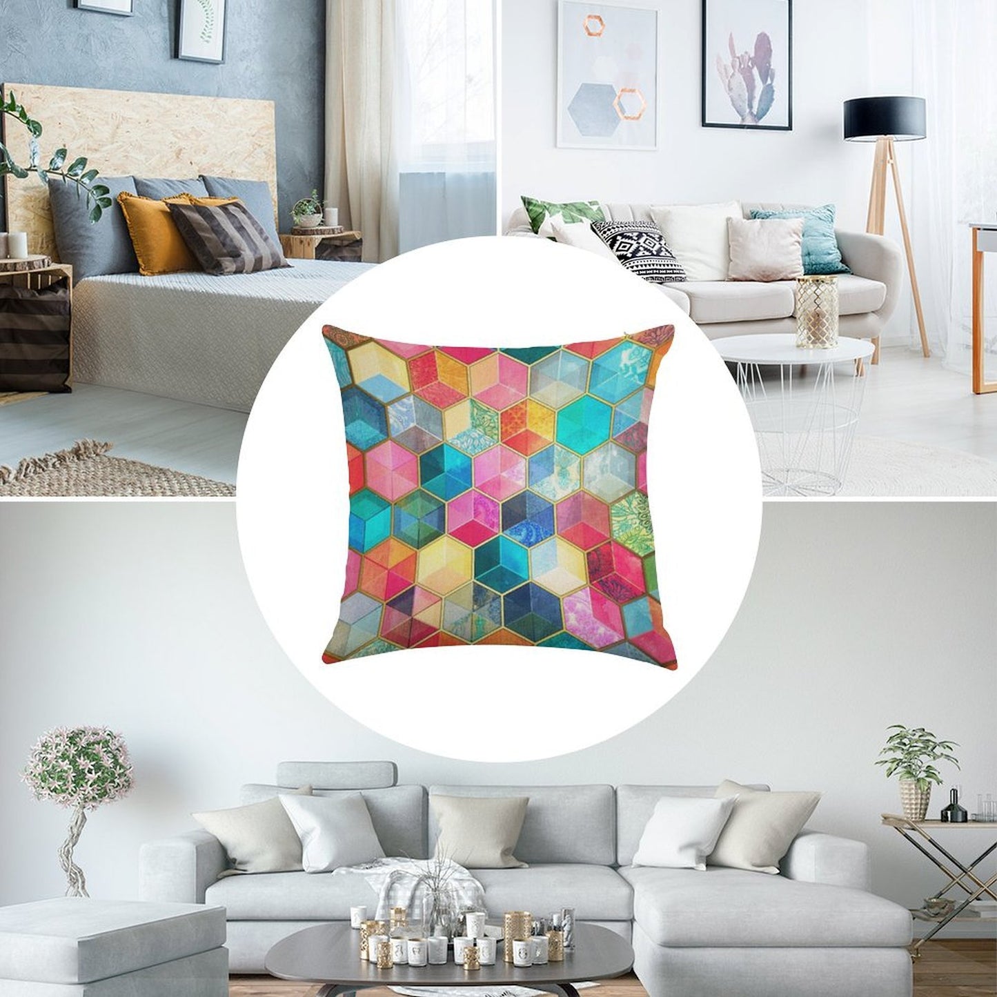 Crystal Bohemian Honeycomb Cubes - Colorful Hexagon Pattern Linen Throw Pillow Cover