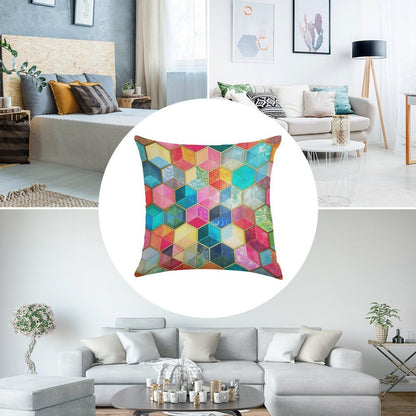 Crystal Bohemian Honeycomb Cubes - Colorful Hexagon Pattern Linen Throw Pillow Cover