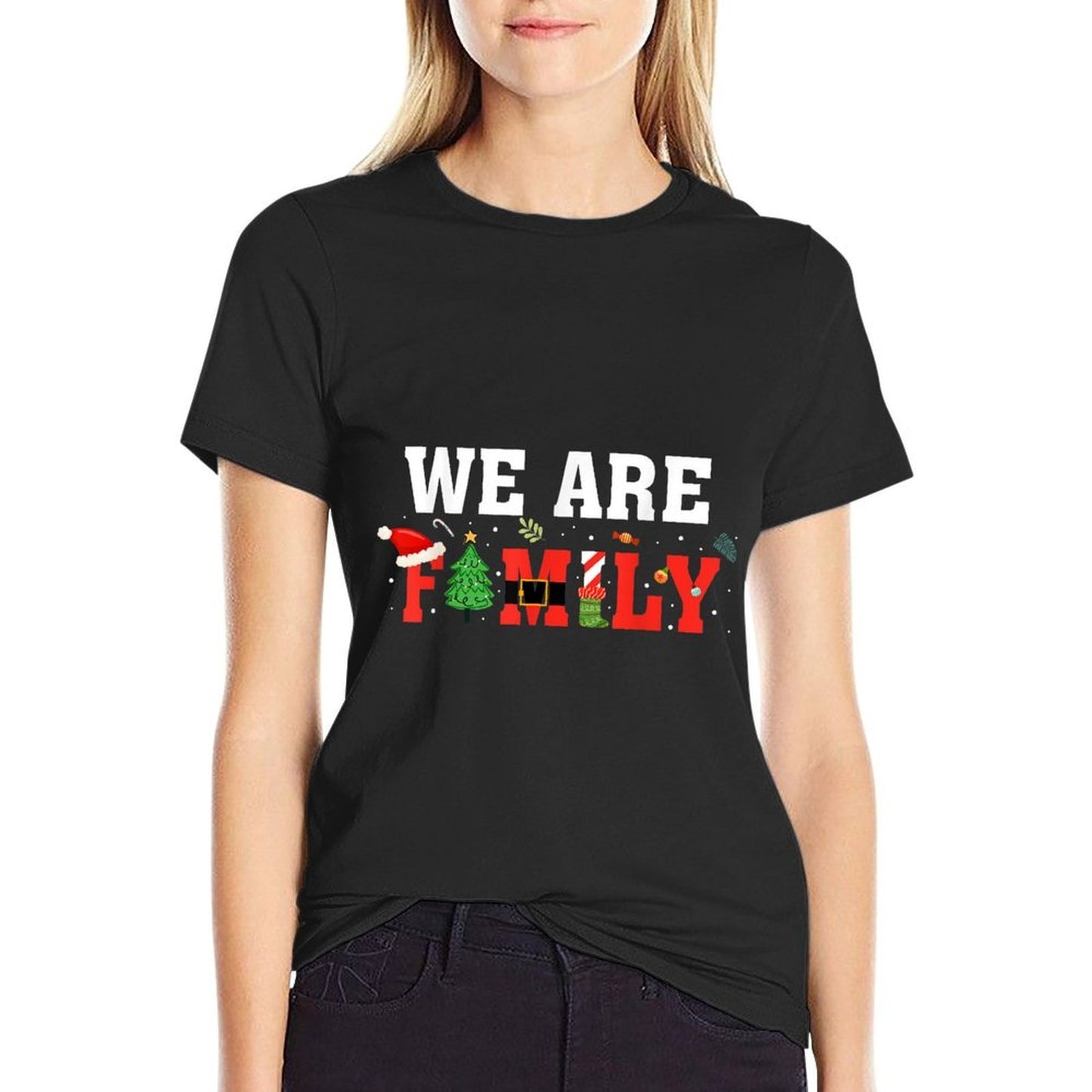 We Are Family Christmas Tree  Ribbed Collar T-Shirt