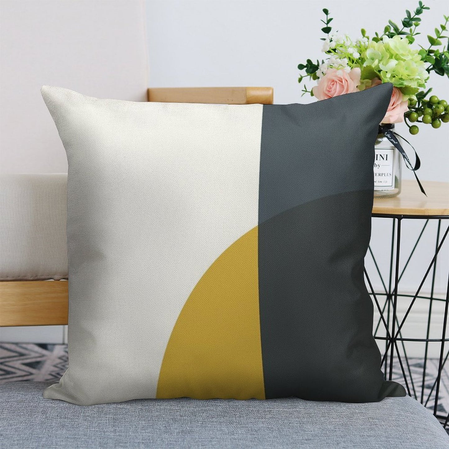 Abstract Geometric Minimalist 2 Navy Blue, Light Mustard Yellow, And White Linen Throw Pillow Cover