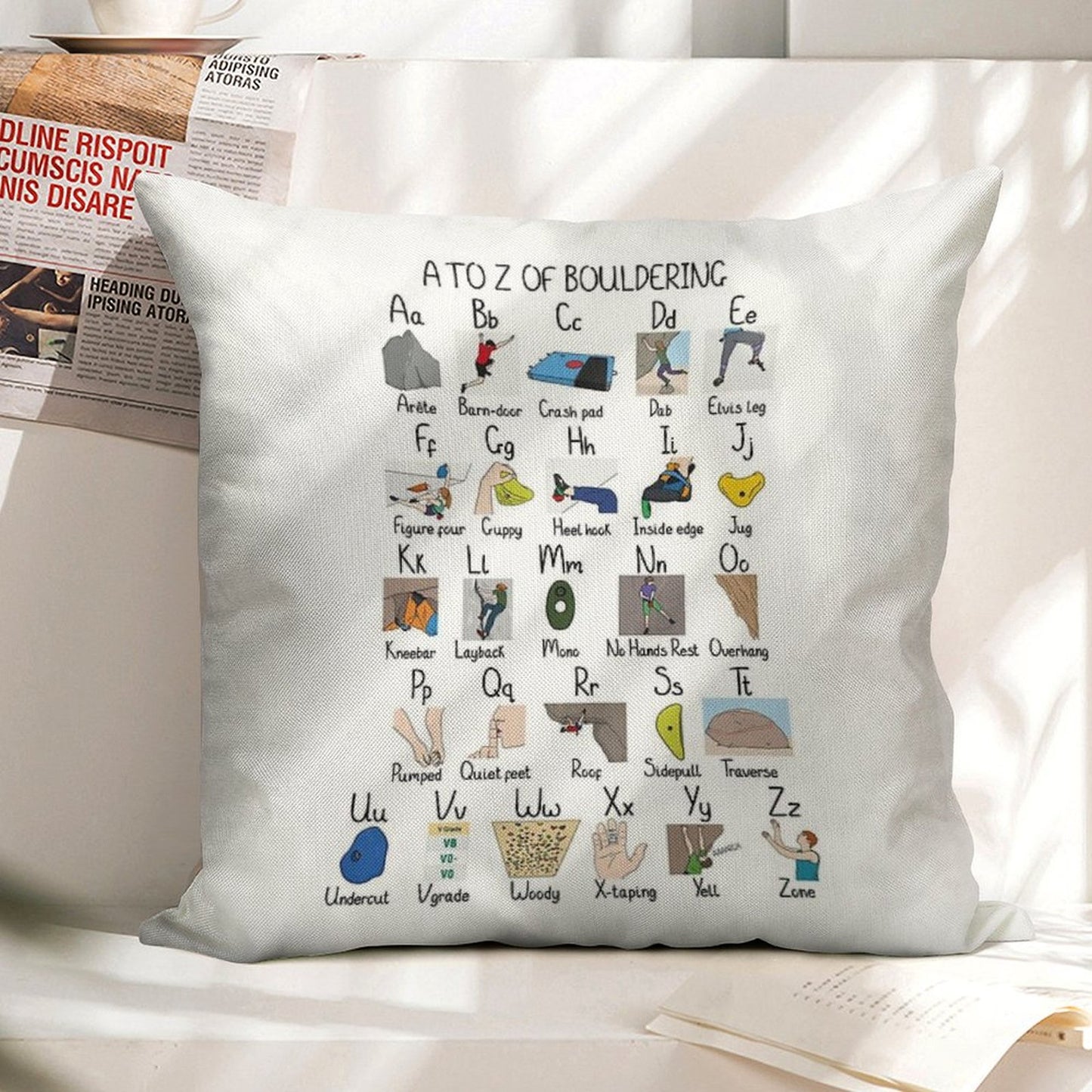 A to Z of Bouldering Linen Throw Pillow Cover