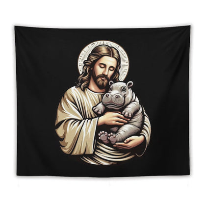 Jesus Loves Moo Deng Bouncy Pig Cute Baby Hippo Tapestry