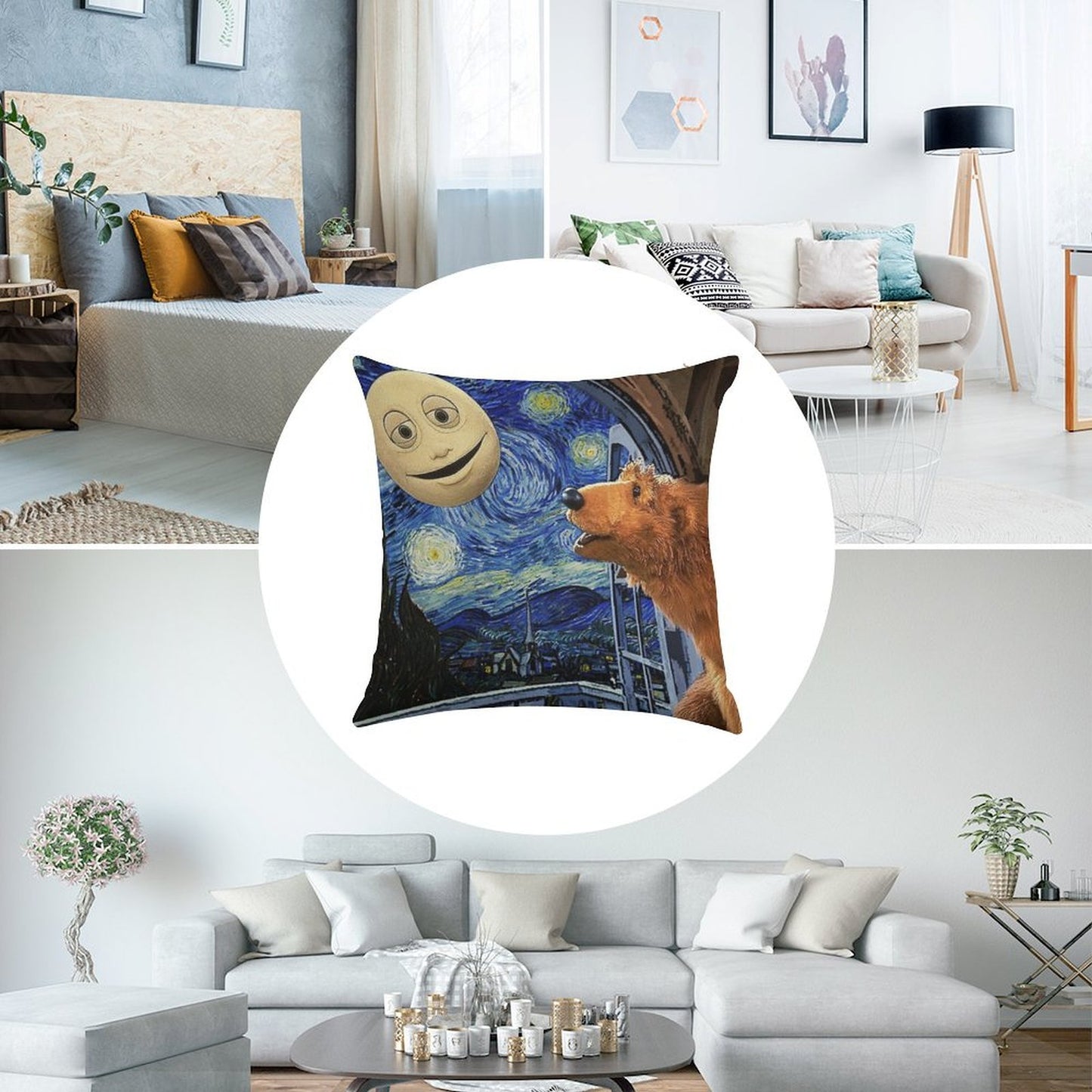 Bear in The Big Blue House with Starry Night Linen Throw Pillow Cover