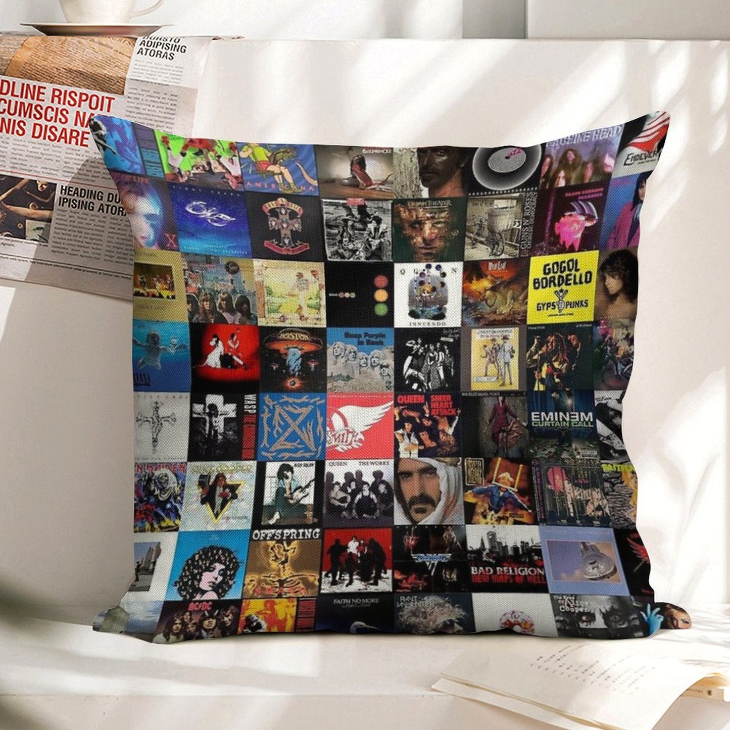 Retro Album Cover Collage Linen Throw Pillow Cover