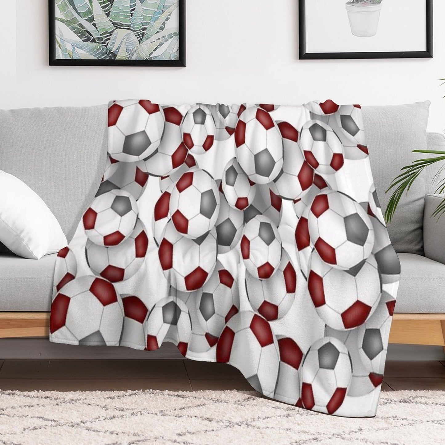 Maroon & Gray Soccer Balls Pattern Throw Blanket