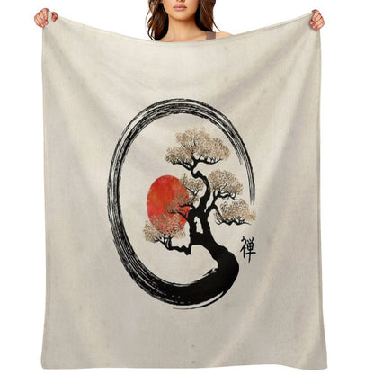 Enso Circle And Bonsai Tree on Canvas Throw Blanket