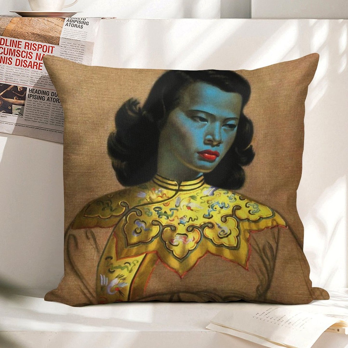 Vladimir Tretchikoff Vintage Painting, Famous Art Reproduction, Asian Fashion Illustration Linen Throw Pillow Cover