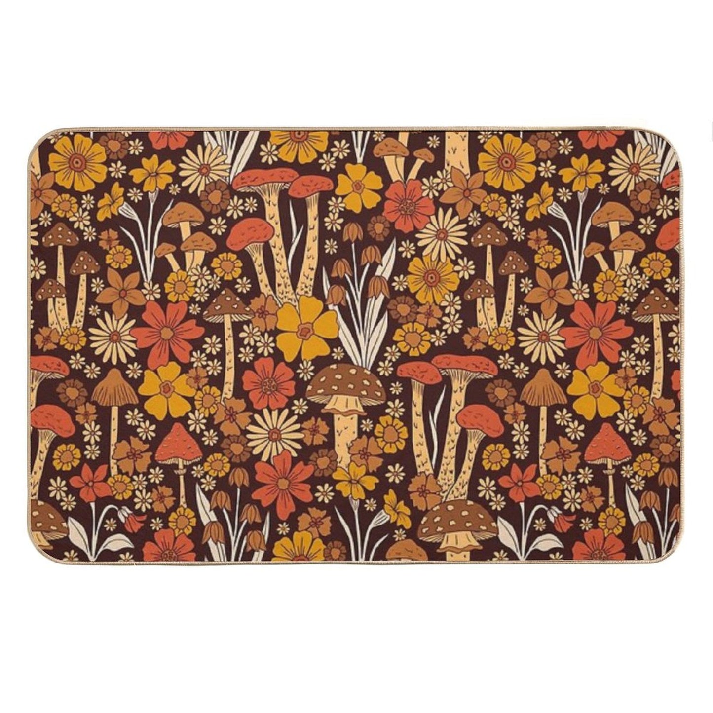 Retro 1970s Brown & Orange Mushrooms & Flowers Bath Mat