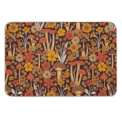 Retro 1970s Brown & Orange Mushrooms & Flowers Bath Mat