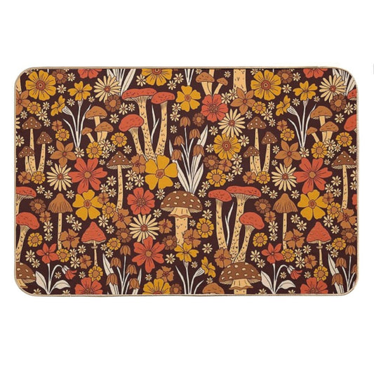 Retro 1970s Brown & Orange Mushrooms & Flowers Bath Mat