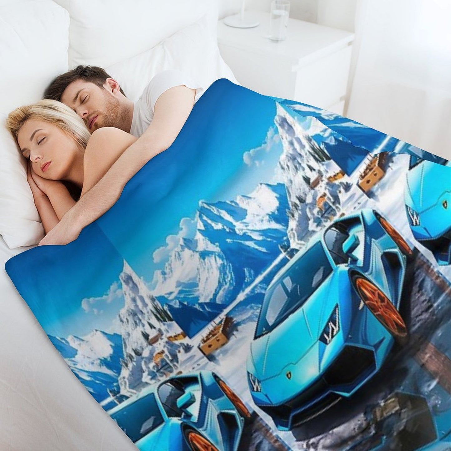 Blue Lamborghini Huracan, Icy Majesty Supercar, Sports Car On Snowy Alpine Backdrop, High Octane Wall Art Throw Blanket