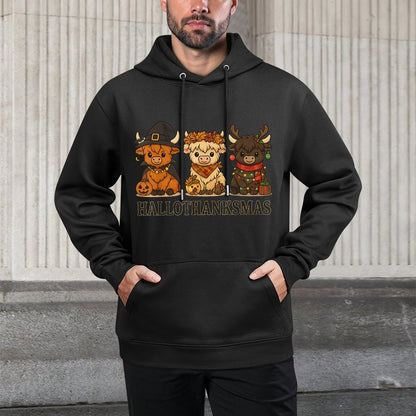 Hallothanksmas Highland Cow Trio Halloween Thanksgiving Relaxed Fit Hoodie