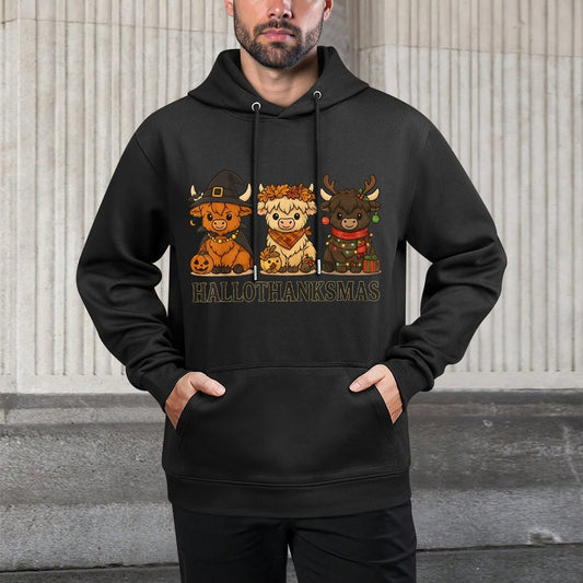 Hallothanksmas Highland Cow Trio Halloween Thanksgiving Relaxed Fit Hoodie