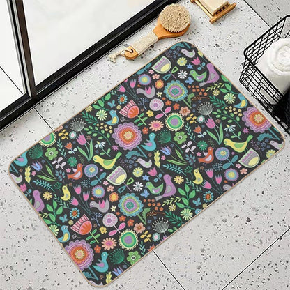 Birds And Blooms - Pastels on Black - Pretty Floral Bird Pattern by Cecca Designs  Rapid-Drying Bath Mat